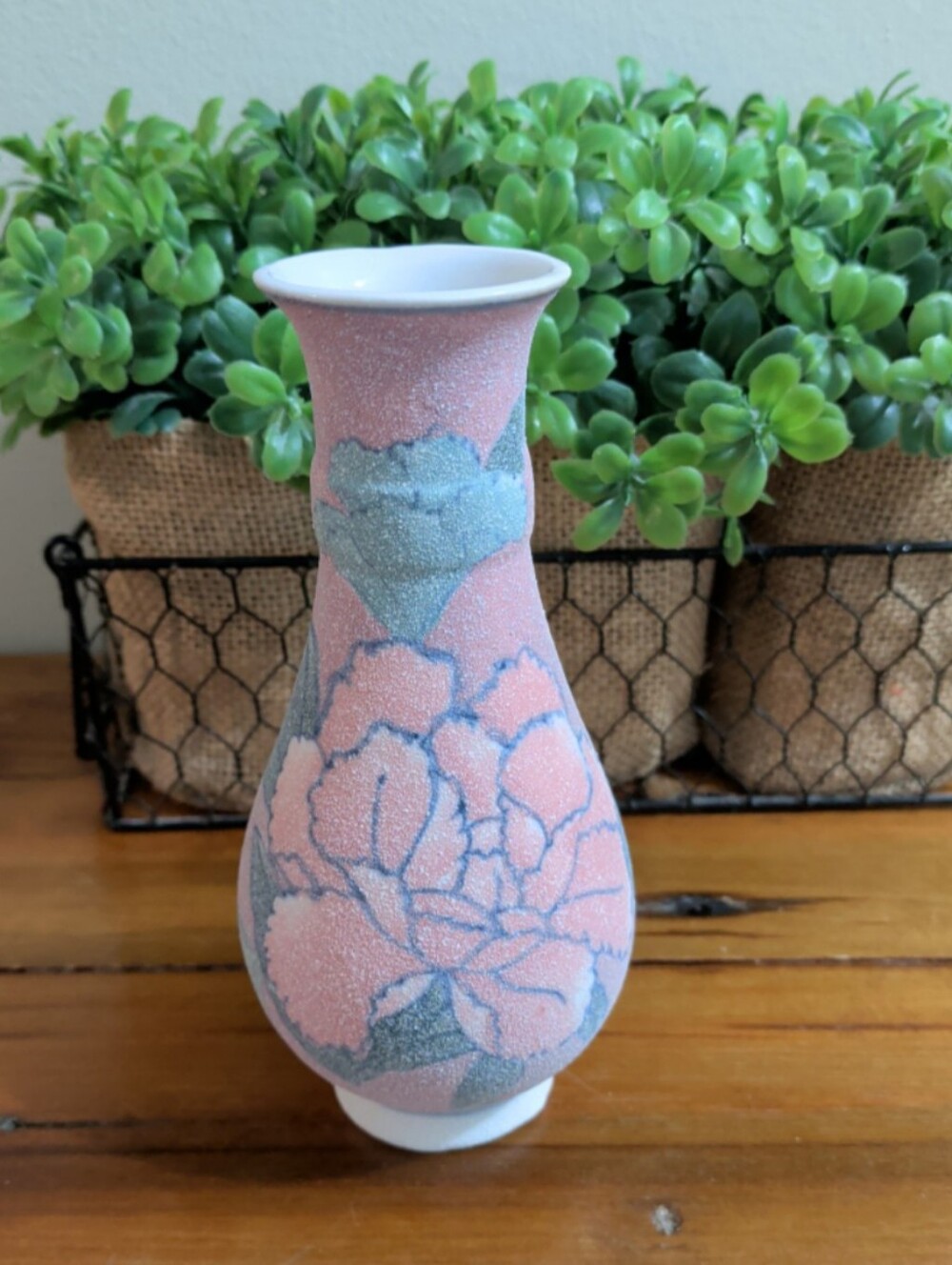 Vintage Sand Textured Pink Floral Bud Vase 6"